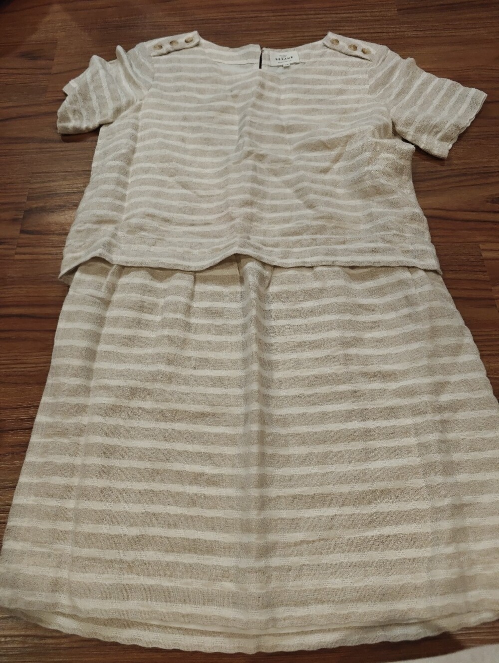 Sezane Cream and White Striped Mini Dress with Button-Shoulder - Picture 4 of 9